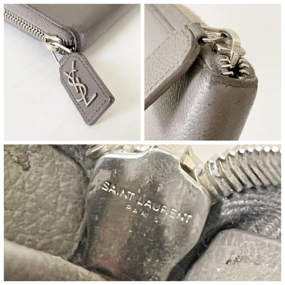 Saint Laurent gray leather YSL zipper long zip wallet